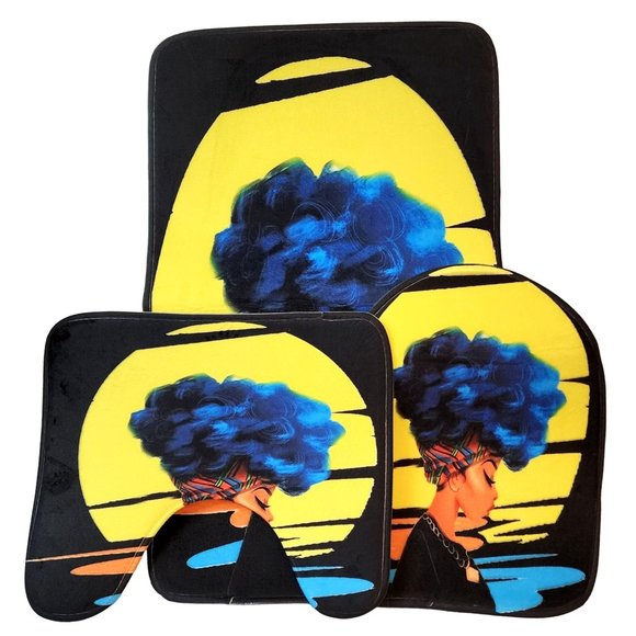 Black Woman Blue Hair African Headwrap Graphic Bathroom Decor 3pc Set NEW Unused - Picture 1 of 5
